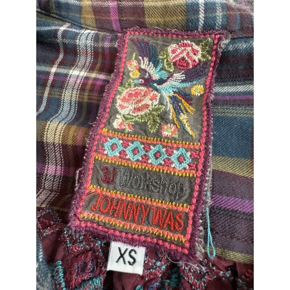 Johnny Was 3J Workshop Lorie Multicolor Plaid Embroidered Button Down Top XS - Picture 2 of 7